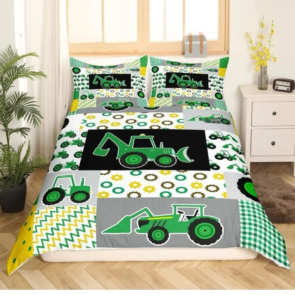 Excavator Bedding Set Construction Vehicles Comforter Cover for Kids Boys Girls